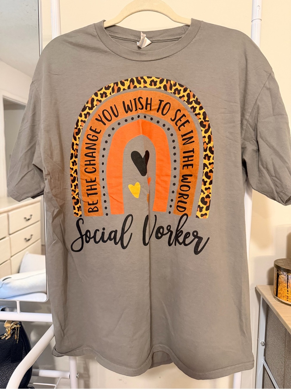 Social Worker Kids Graphic Tee - Gray with Orange & Leopard